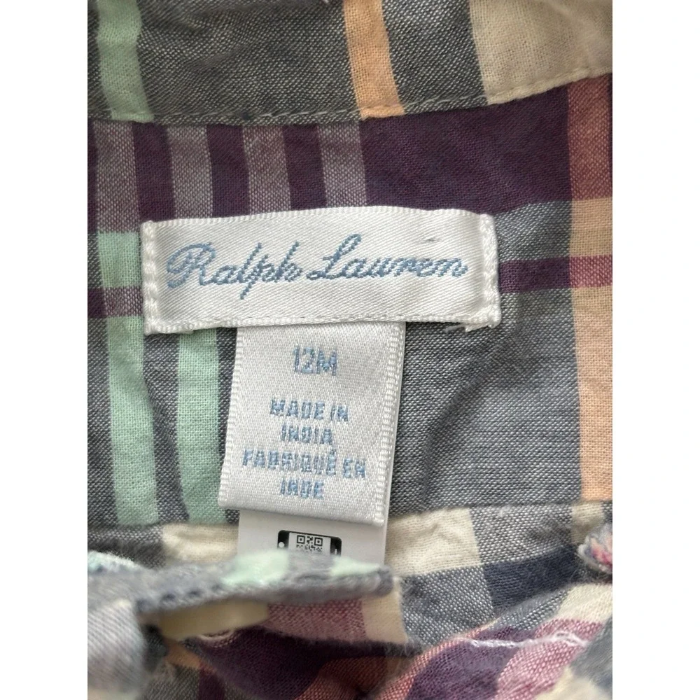 RALPH LAUREN Boys Lot of 2 Plaid Dress Madras Shirt | Romper Rugby Shortall- 12M